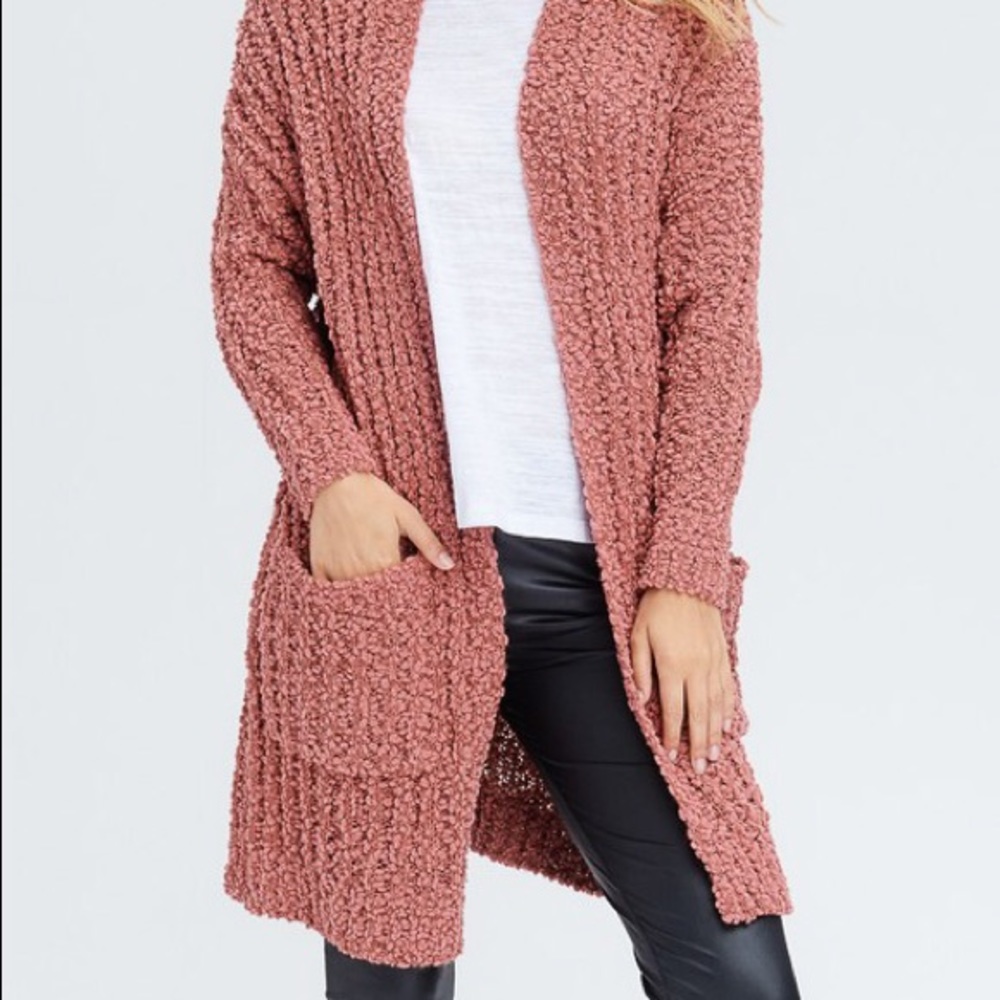 SOLD OUT Soft Mauve Knit Long Cardigan W/ Pockets - Picture 2 of 4